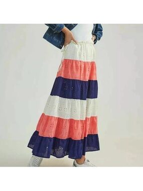 Hutch Coral, Navy & White Eyelet Tiered Maxi Skirt